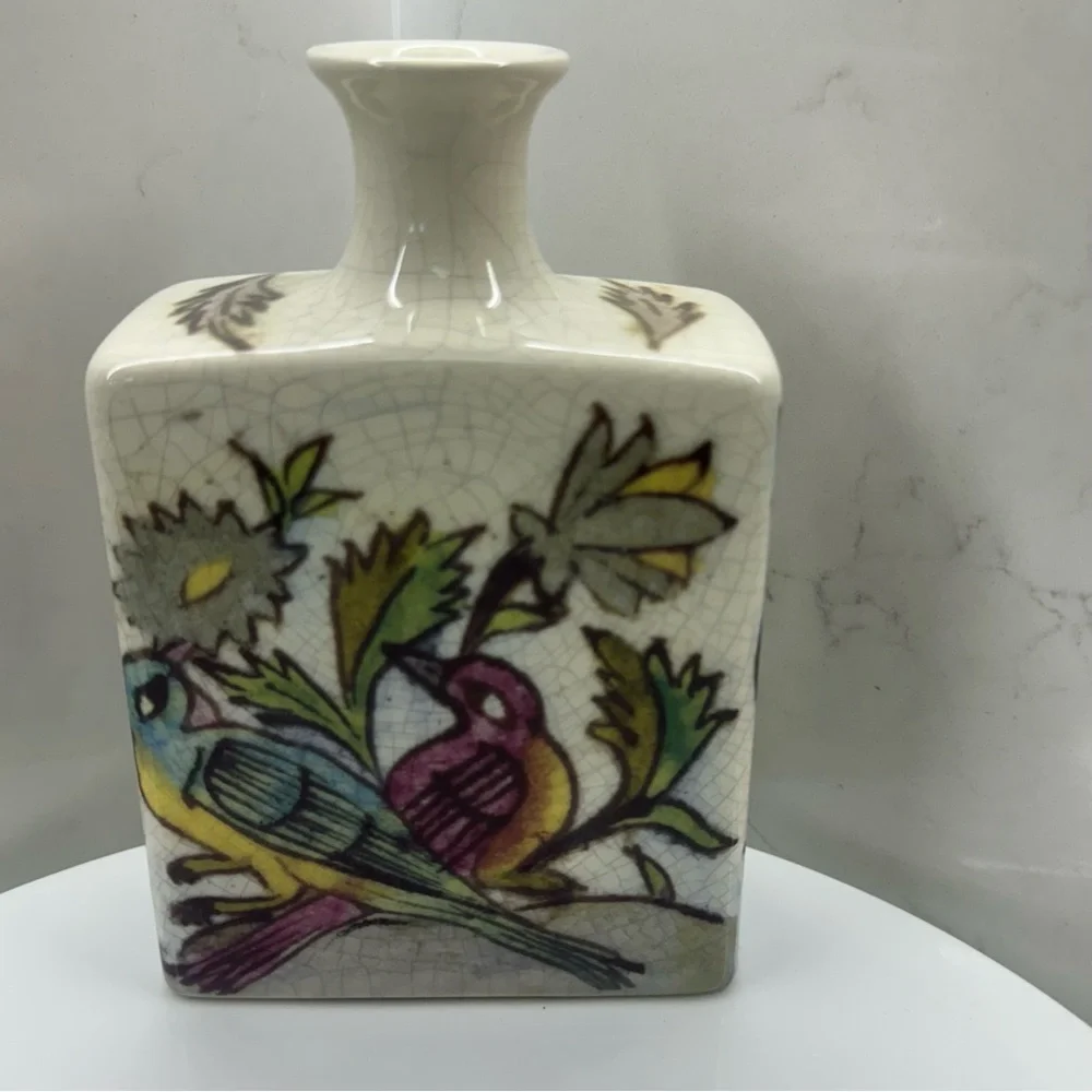 Pottery Barn Ikat Crackled Flower Vase Floral Birds Deer